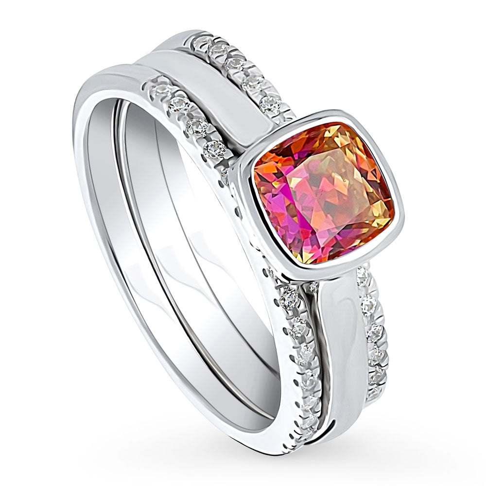 Front view of Kaleidoscope Red Orange Bezel Set CZ Ring Set in Sterling Silver