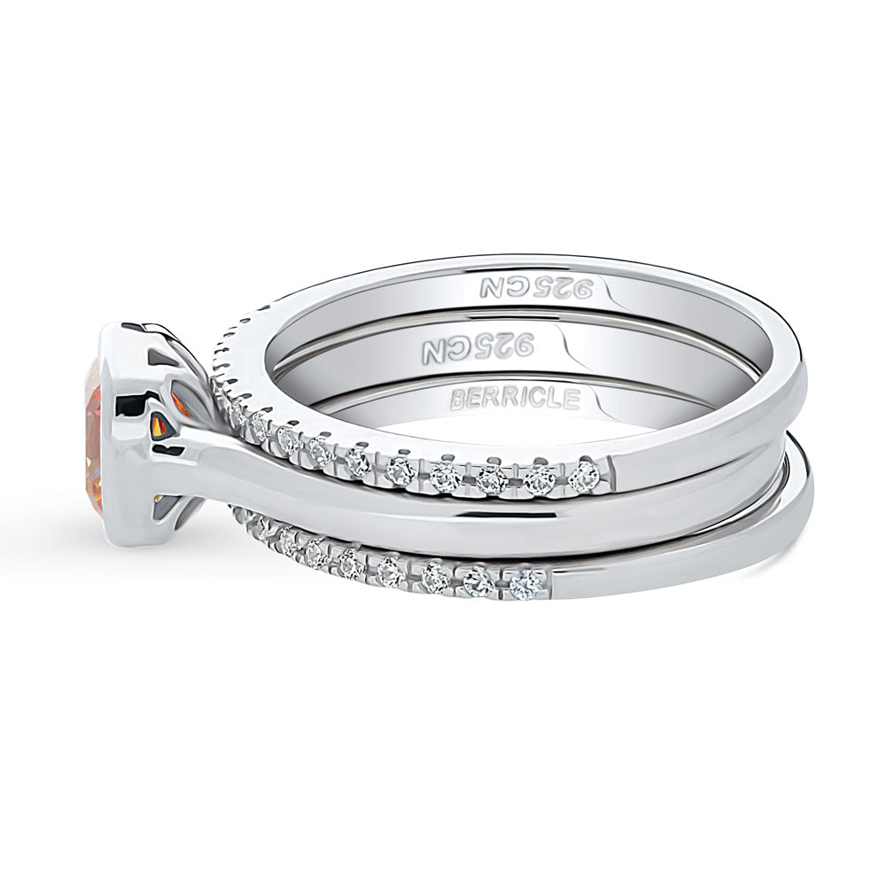 Angle view of Kaleidoscope Red Orange Bezel Set CZ Ring Set in Sterling Silver