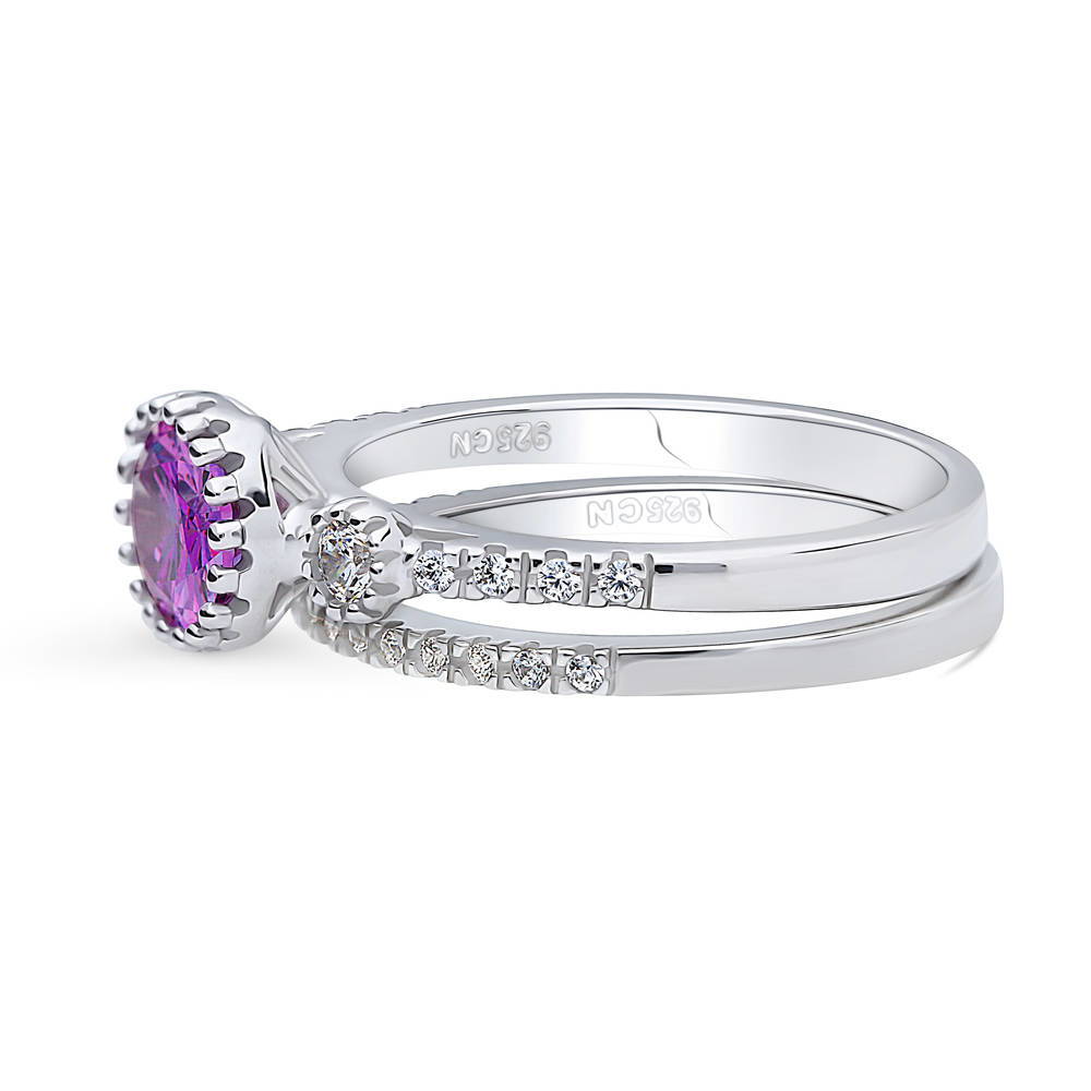 Angle view of 3-Stone Purple Oval CZ Ring Set in Sterling Silver