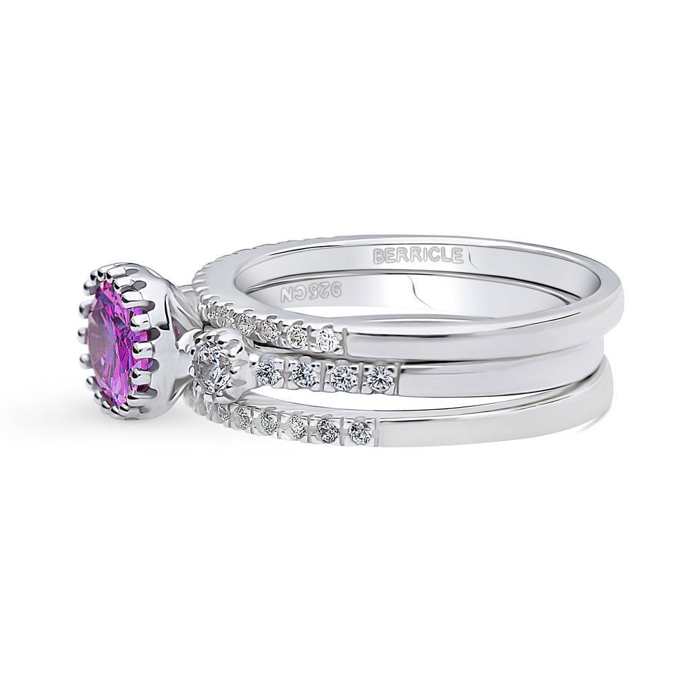 Angle view of 3-Stone Purple Oval CZ Ring Set in Sterling Silver