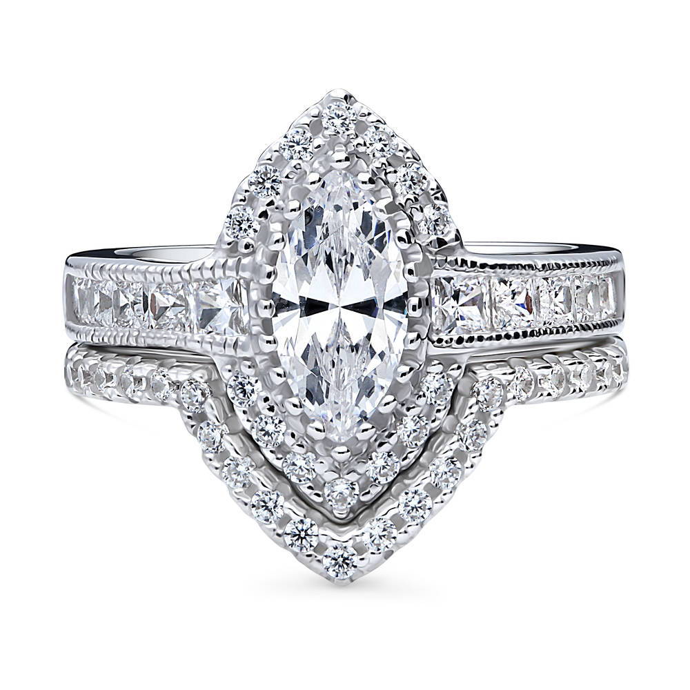 Halo Milgrain Marquise CZ Ring Set in Sterling Silver