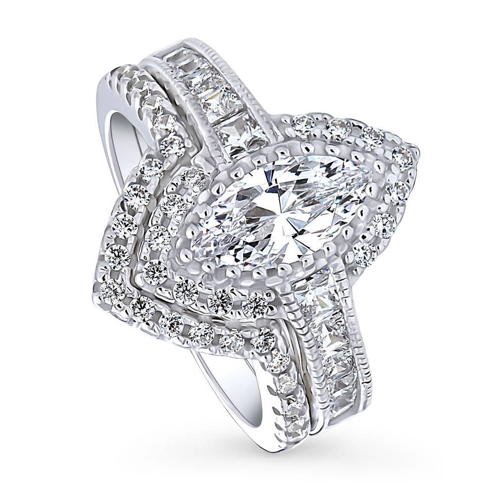 Halo Milgrain Marquise CZ Ring Set in Sterling Silver