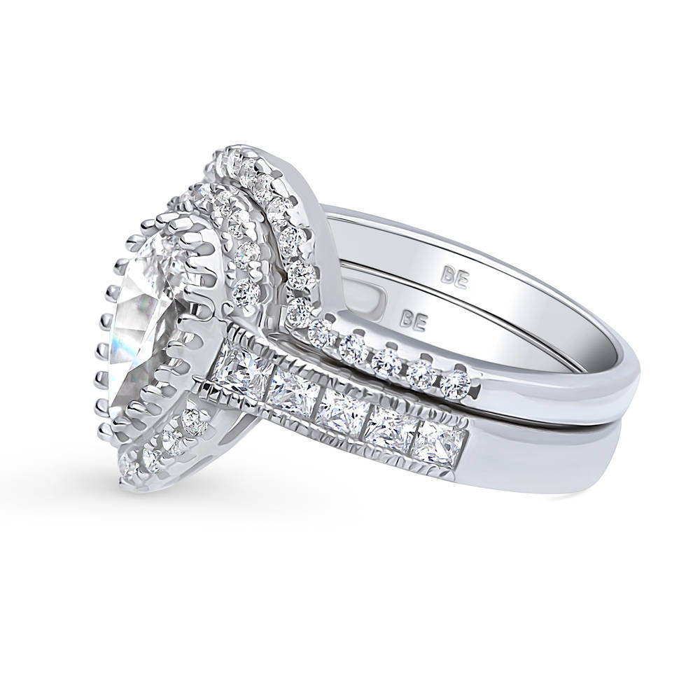 Angle view of Halo Milgrain Pear CZ Ring Set in Sterling Silver