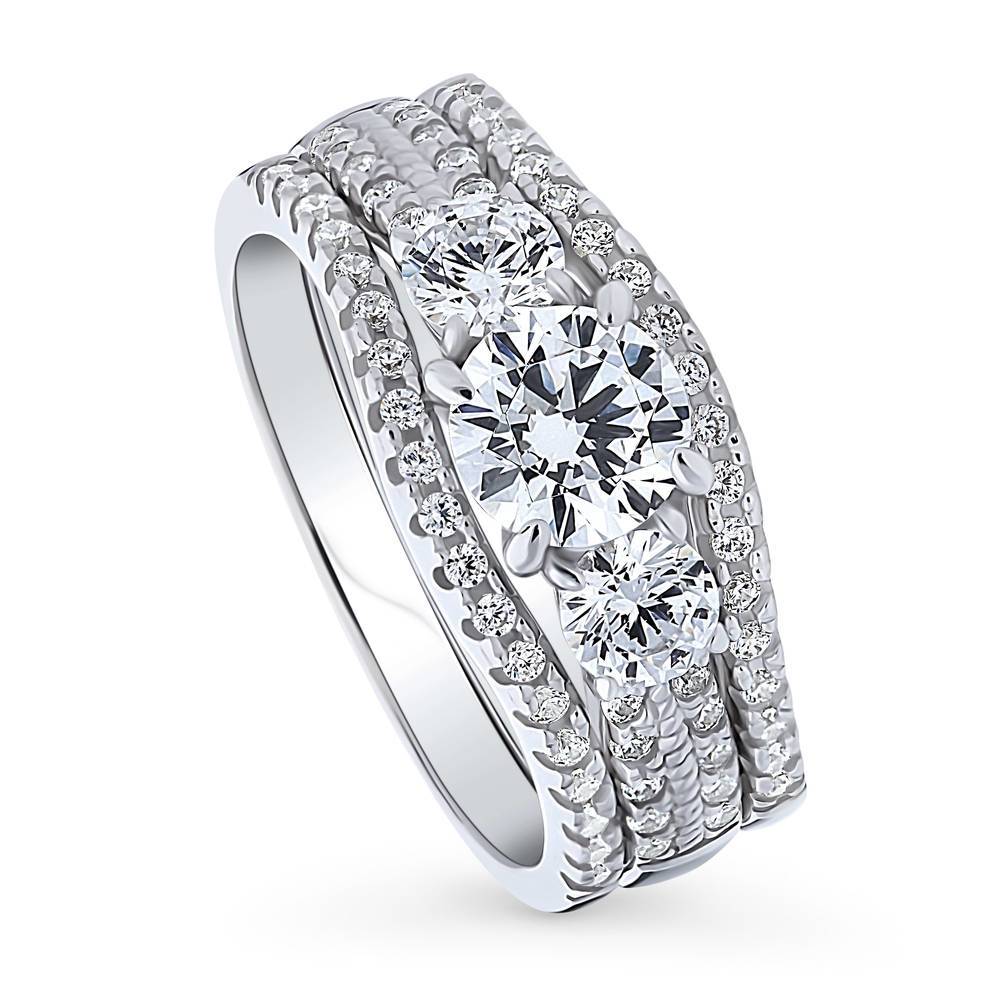 Front view of 3-Stone Round CZ Ring Set in Sterling Silver, 4 of 17