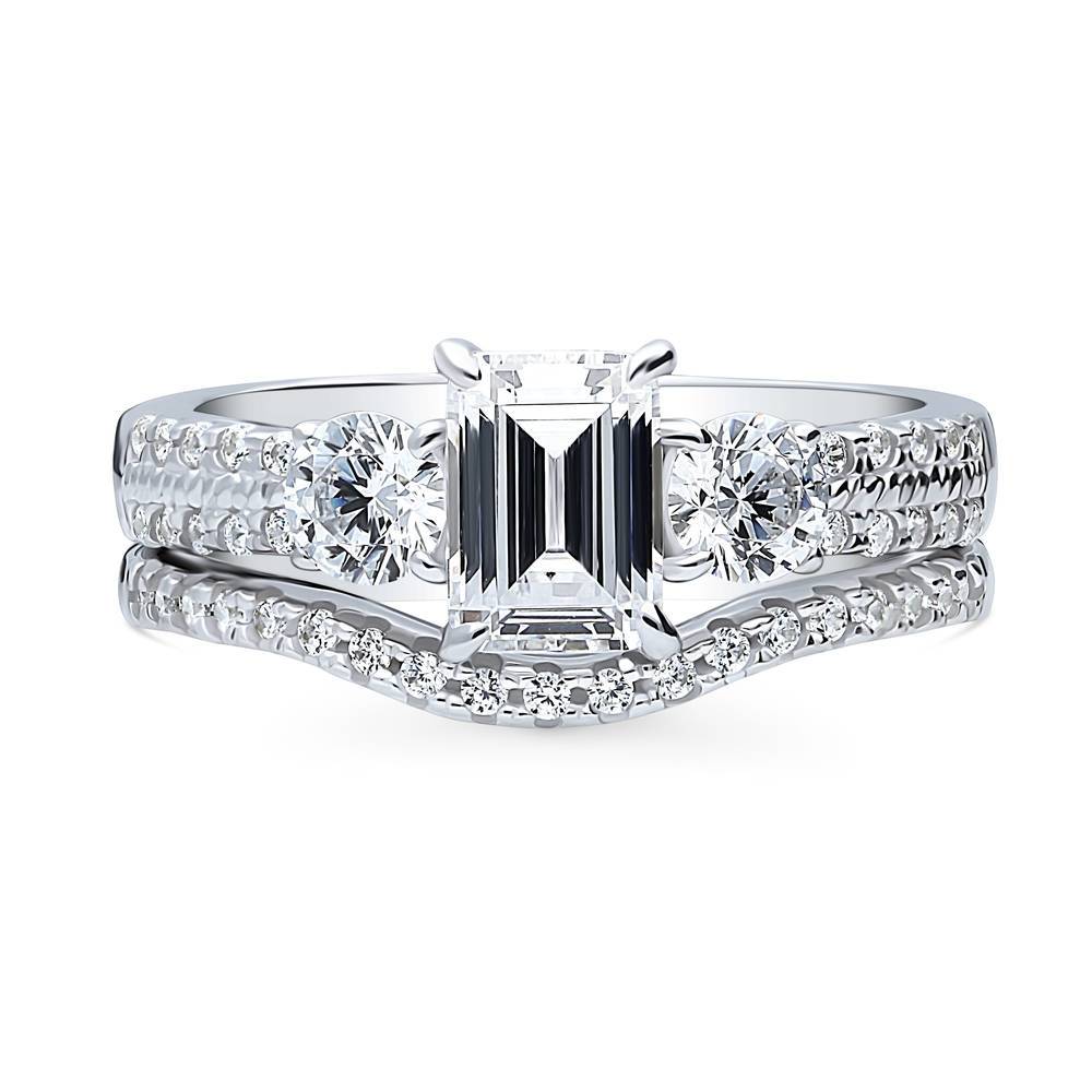 3-Stone Emerald Cut CZ Ring Set in Sterling Silver, 1 of 17