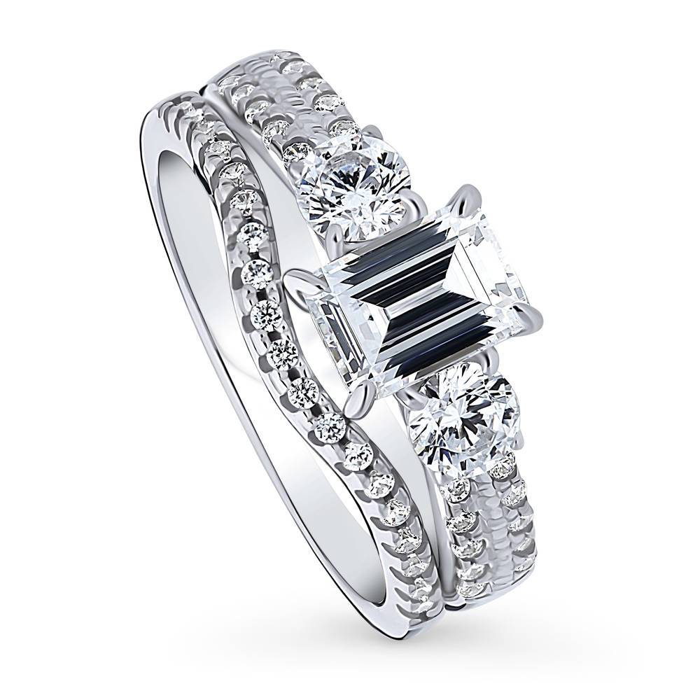 3-Stone Emerald Cut CZ Ring Set in Sterling Silver, front view