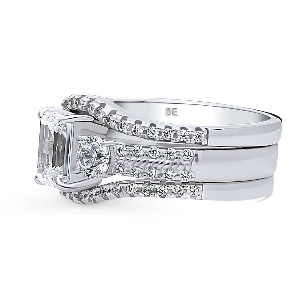 Angle view of 3-Stone Emerald Cut CZ Ring Set in Sterling Silver, 5 of 17