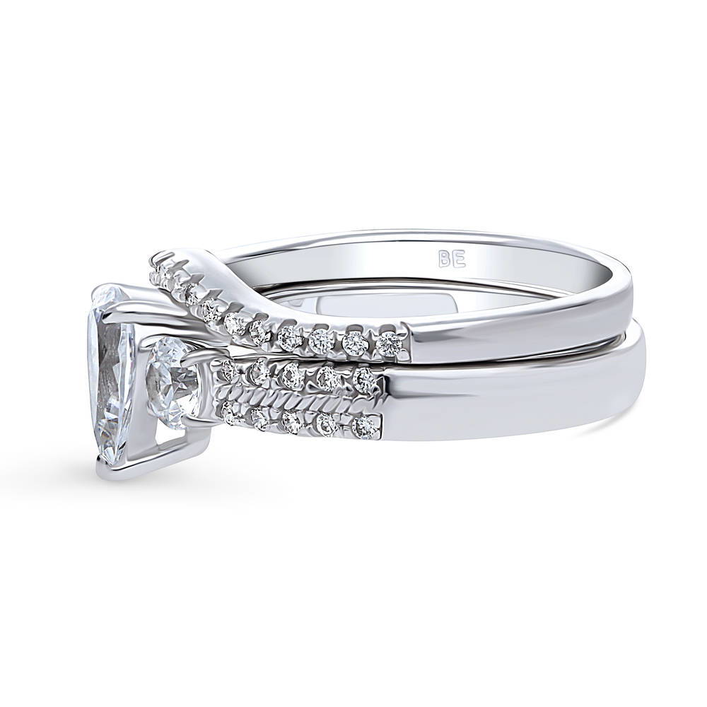 3-Stone Pear CZ Ring Set in Sterling Silver, side view