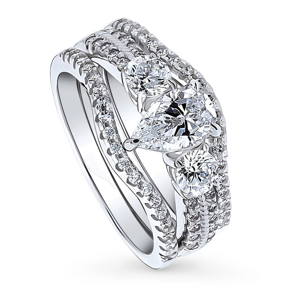 3-Stone Pear CZ Ring Set in Sterling Silver, front view