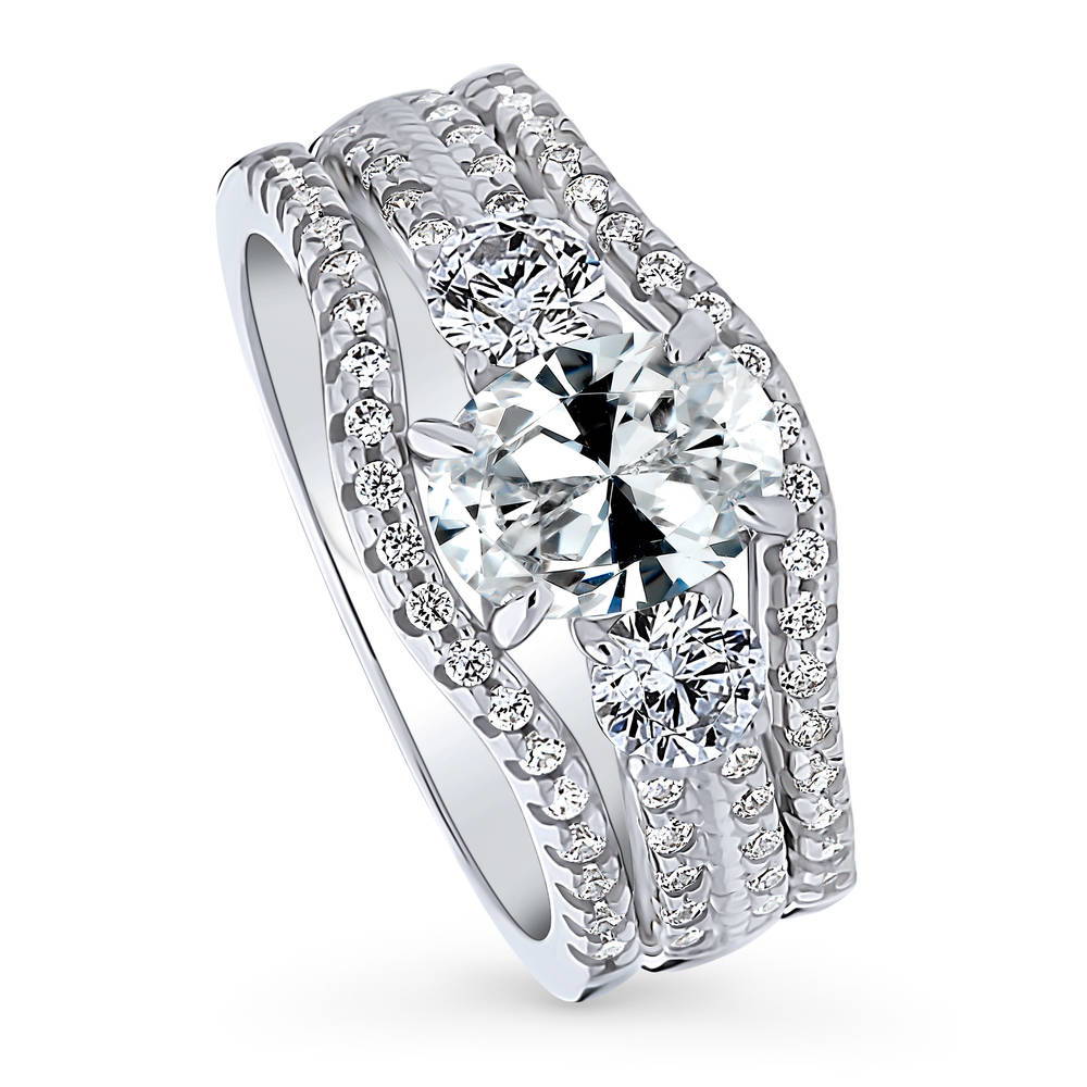 Front view of 3-Stone Oval CZ Ring Set in Sterling Silver, 4 of 17