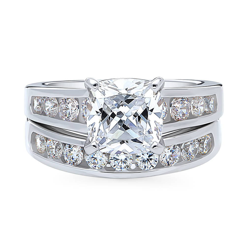 Solitaire 3ct Cushion CZ Ring Set in Sterling Silver