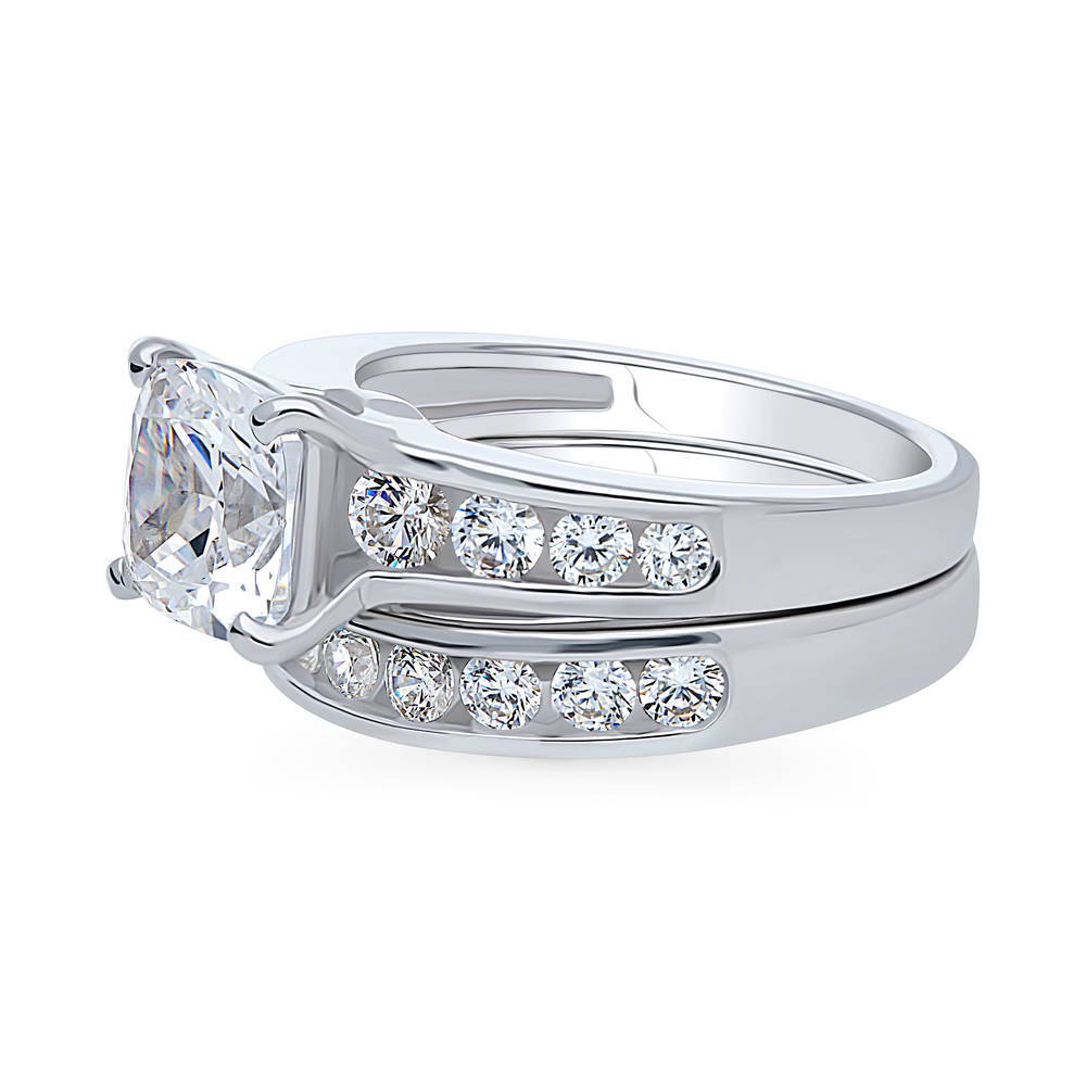 Angle view of Solitaire 3ct Cushion CZ Ring Set in Sterling Silver