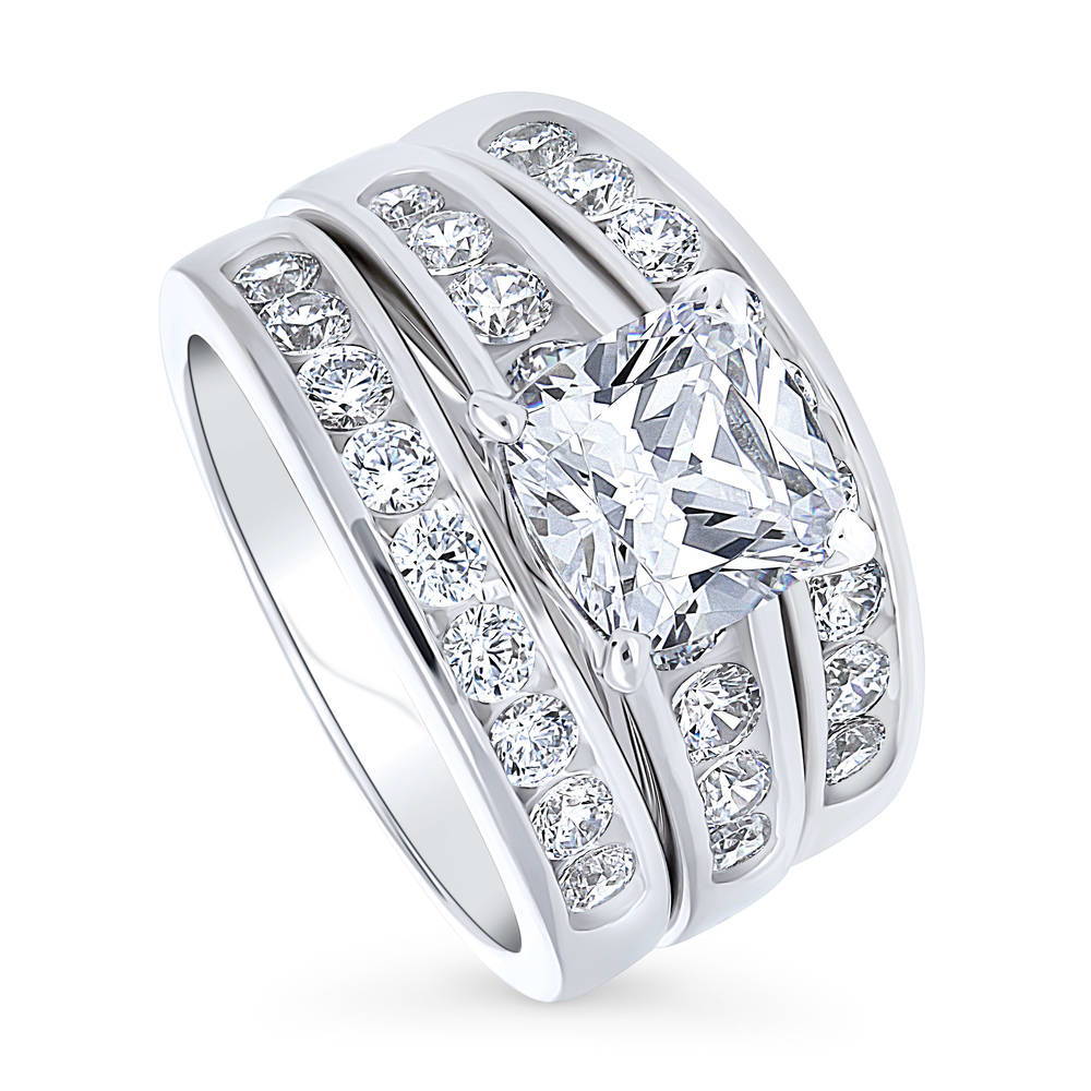 Front view of Solitaire 3ct Cushion CZ Ring Set in Sterling Silver, 4 of 17