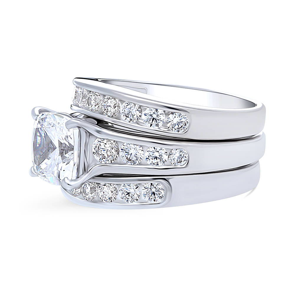 Angle view of Solitaire 3ct Cushion CZ Ring Set in Sterling Silver