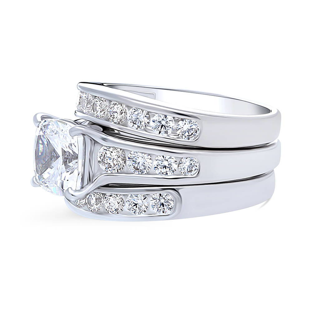Angle view of Solitaire 3ct Cushion CZ Ring Set in Sterling Silver, 5 of 17