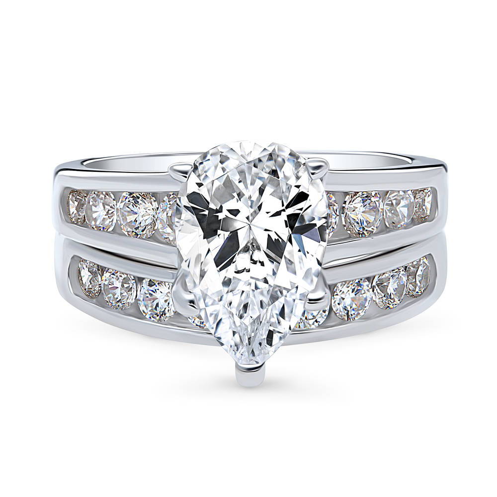 Solitaire 3ct Pear CZ Ring Set in Sterling Silver