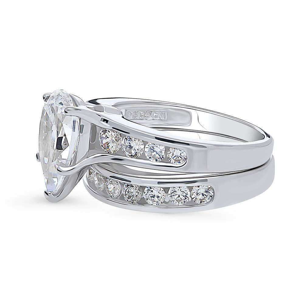 Angle view of Solitaire 3ct Pear CZ Ring Set in Sterling Silver