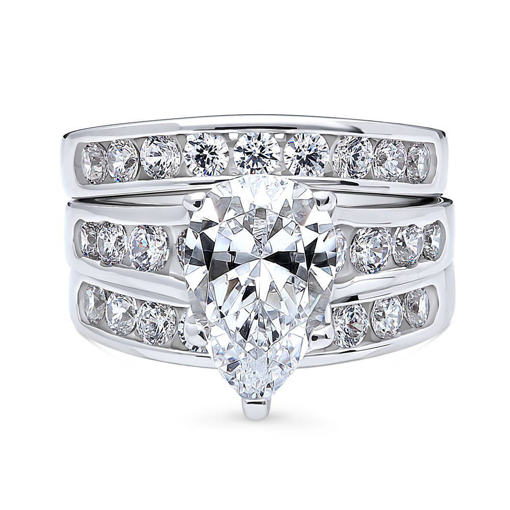 Solitaire 3ct Pear CZ Ring Set in Sterling Silver