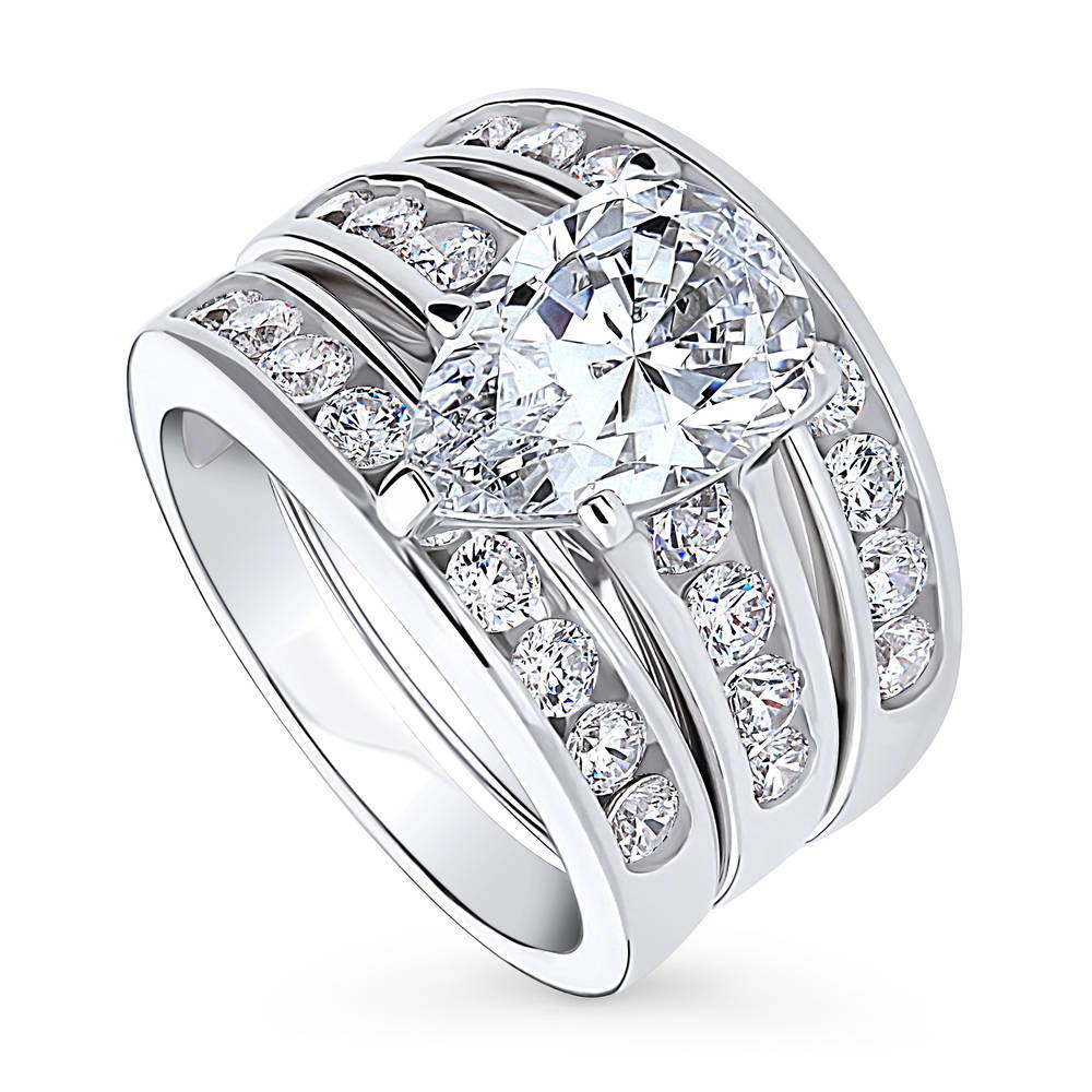 Front view of Solitaire 3ct Pear CZ Ring Set in Sterling Silver, 4 of 18