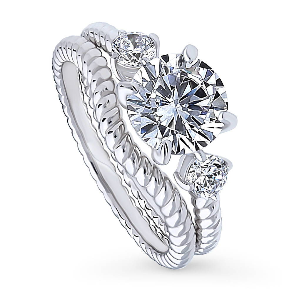 Front view of 3-Stone Woven Round CZ Ring Set in Sterling Silver