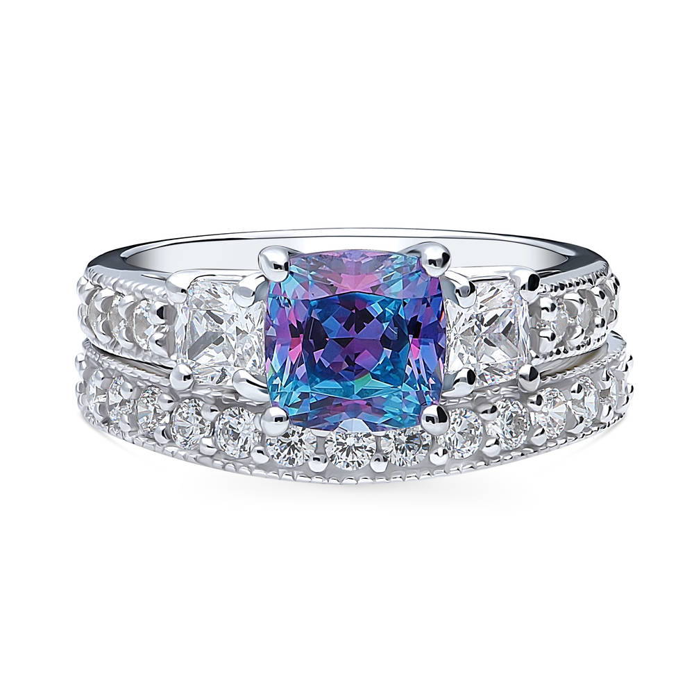 3-Stone Kaleidoscope Purple Aqua Cushion CZ Ring Set in Sterling Silver, 1 of 14