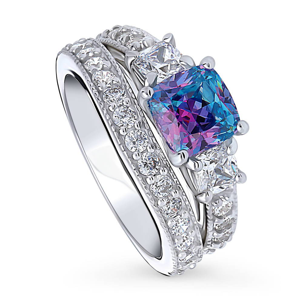 3-Stone Kaleidoscope Purple Aqua Cushion CZ Ring Set in Sterling Silver, front view