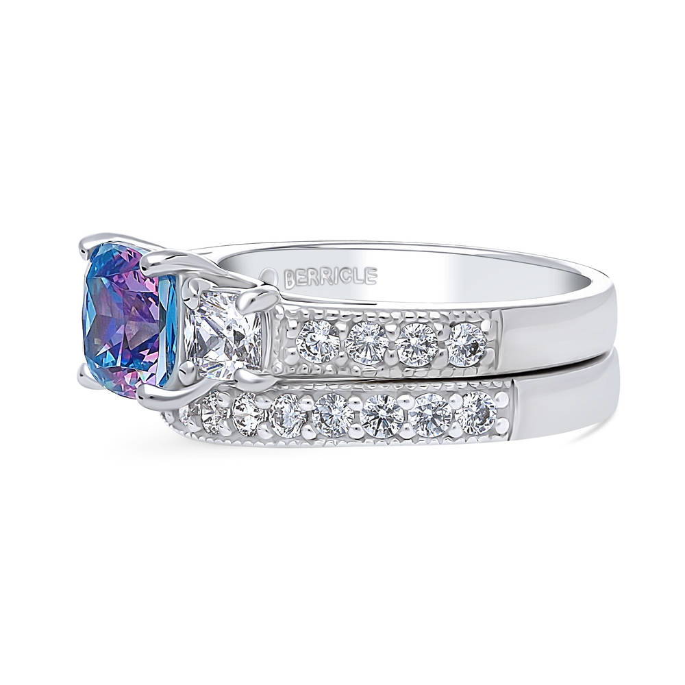 Angle view of 3-Stone Kaleidoscope Purple Aqua Cushion CZ Ring Set in Sterling Silver