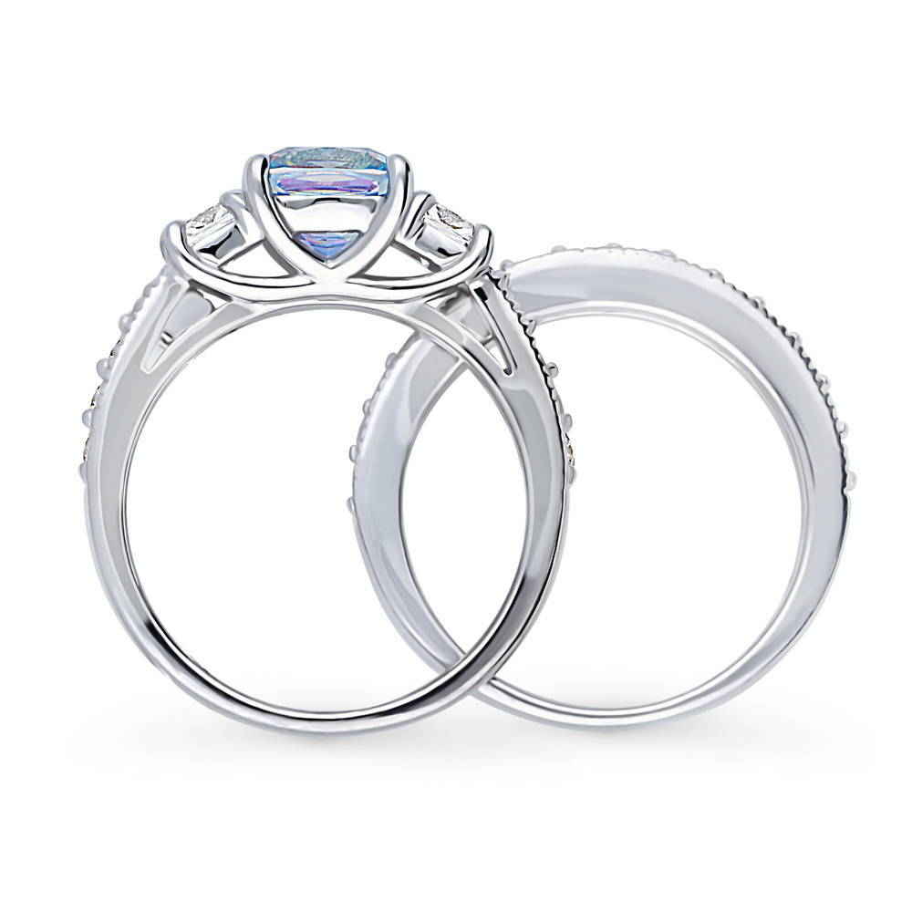 3-Stone Kaleidoscope Purple Aqua Cushion CZ Ring Set in Sterling Silver