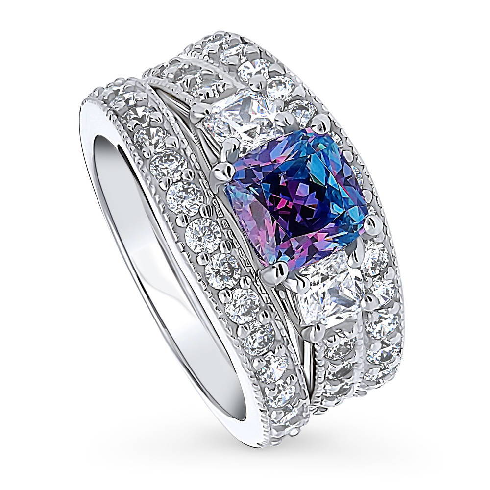 Front view of 3-Stone Kaleidoscope Purple Aqua Cushion CZ Ring Set in Sterling Silver