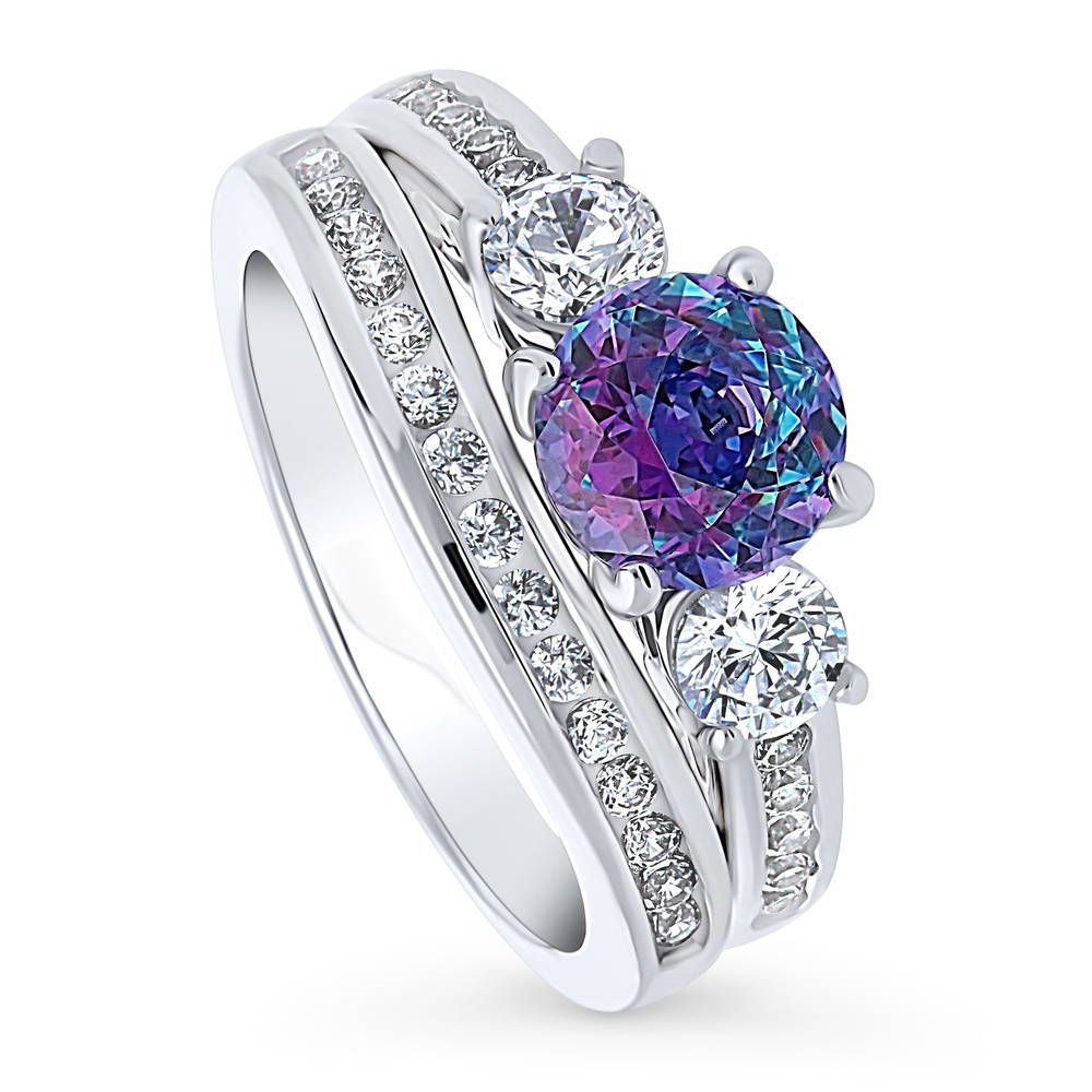 3-Stone Kaleidoscope Purple Aqua Round CZ Ring Set in Sterling Silver, front view