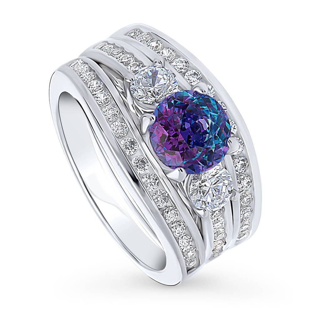 Front view of 3-Stone Kaleidoscope Purple Aqua Round CZ Ring Set in Sterling Silver