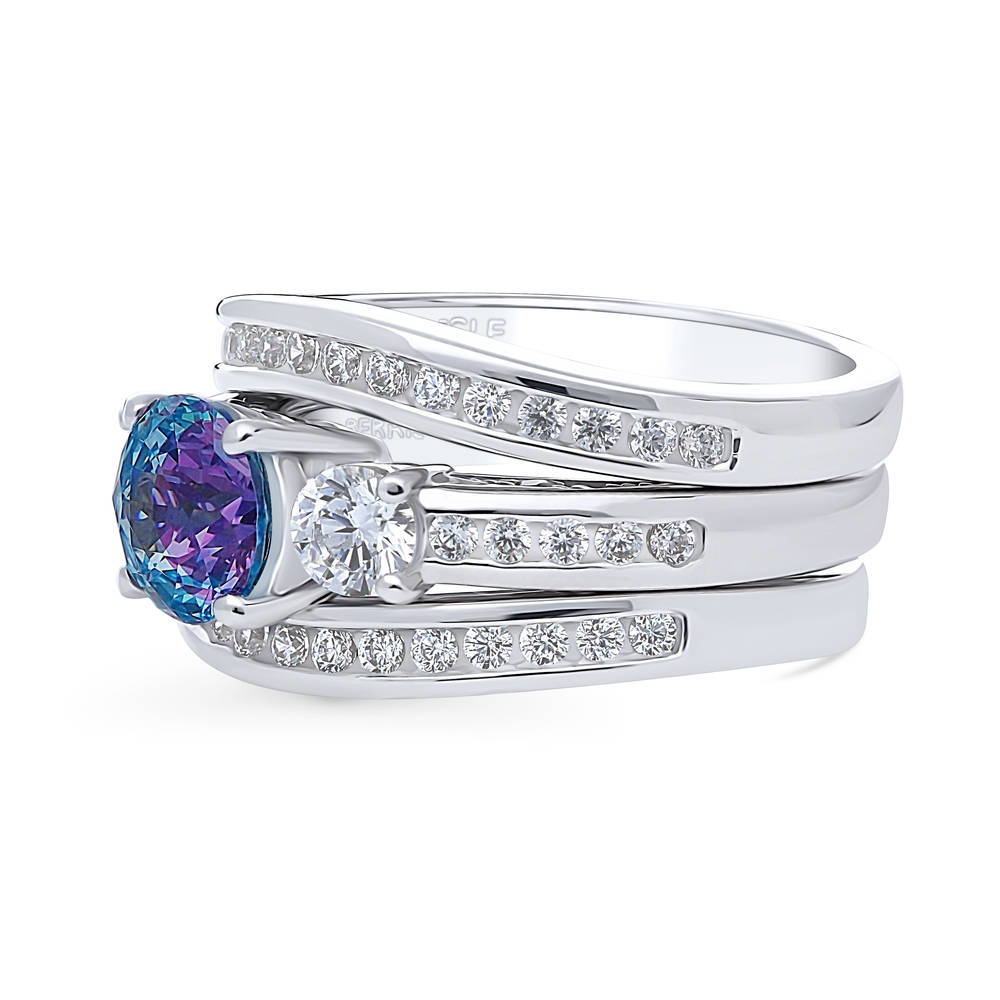 Angle view of 3-Stone Kaleidoscope Purple Aqua Round CZ Ring Set in Sterling Silver
