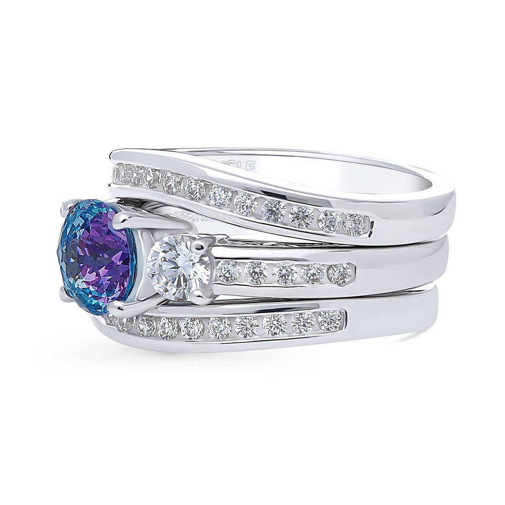 3-Stone Kaleidoscope Purple Aqua Round CZ Ring Set in Sterling Silver