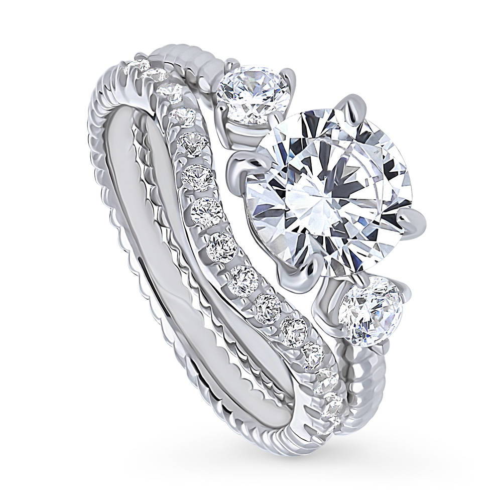 Front view of 3-Stone Woven Round CZ Ring Set in Sterling Silver