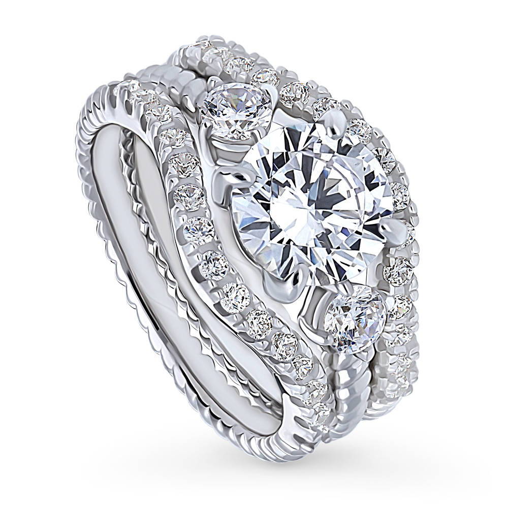 Front view of 3-Stone Woven Round CZ Ring Set in Sterling Silver