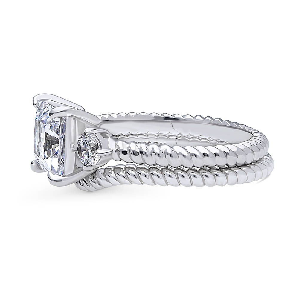 Angle view of 3-Stone Woven Princess CZ Ring Set in Sterling Silver