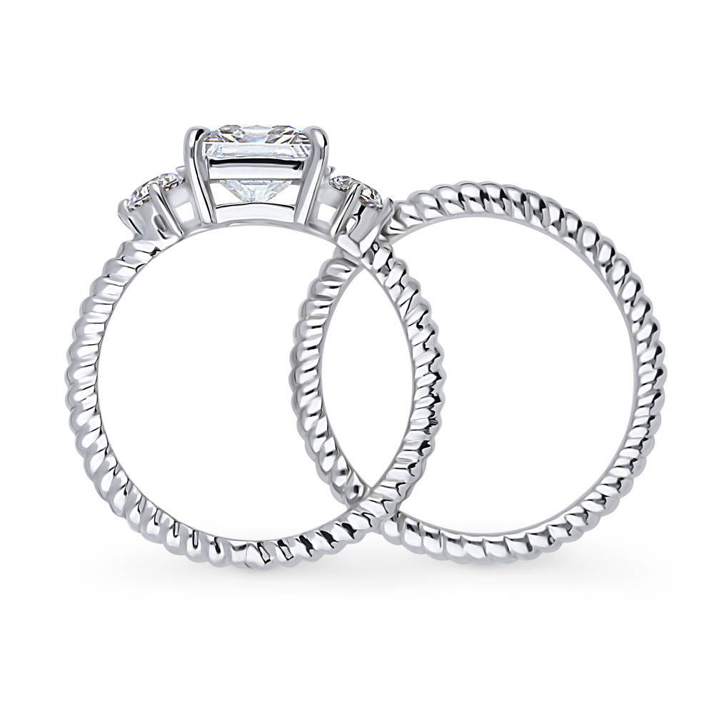 Alternate view of 3-Stone Woven Princess CZ Ring Set in Sterling Silver