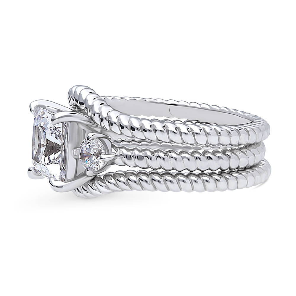 Angle view of 3-Stone Woven Princess CZ Ring Set in Sterling Silver