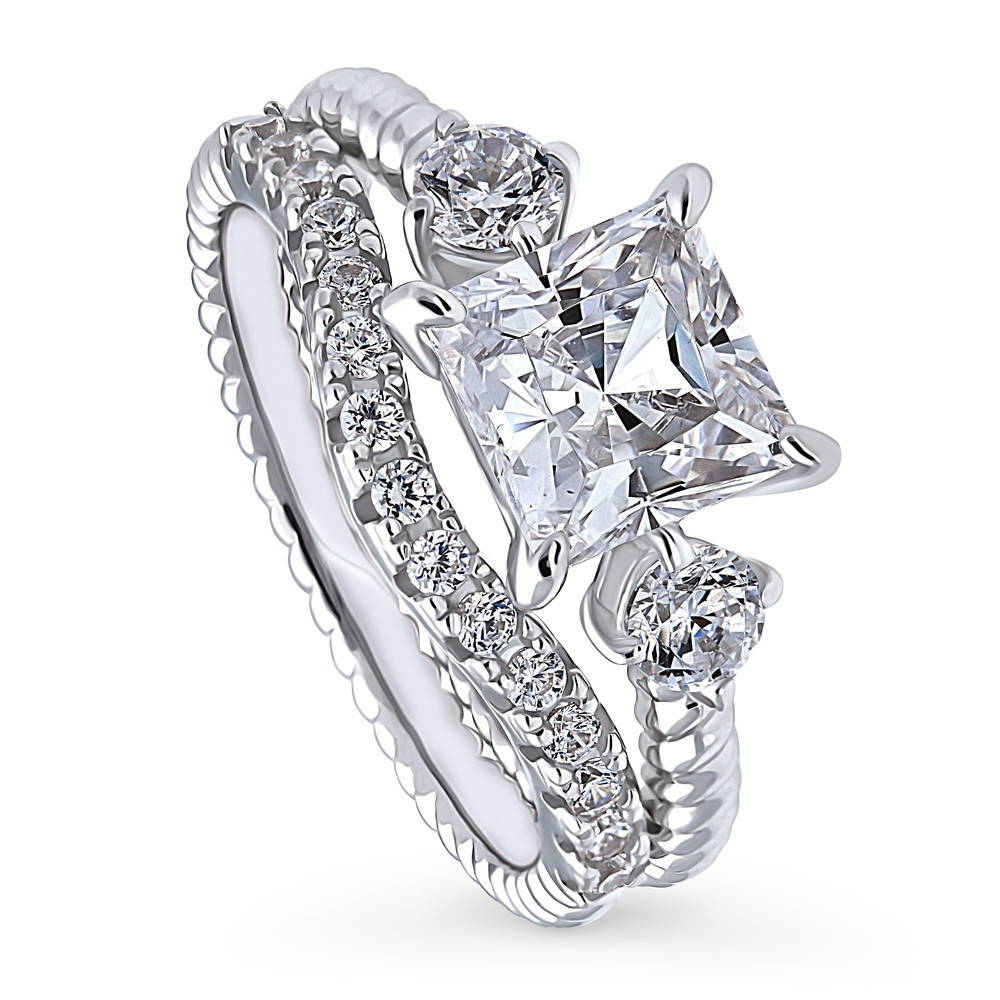 Front view of 3-Stone Woven Princess CZ Ring Set in Sterling Silver
