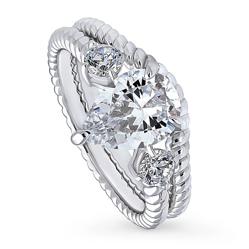 Front view of 3-Stone Woven Pear CZ Ring Set in Sterling Silver
