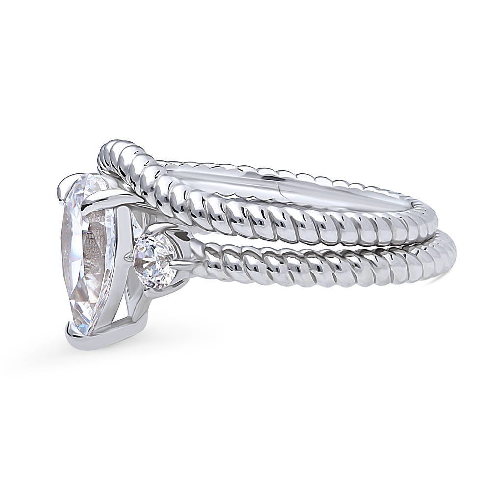 Angle view of 3-Stone Woven Pear CZ Ring Set in Sterling Silver