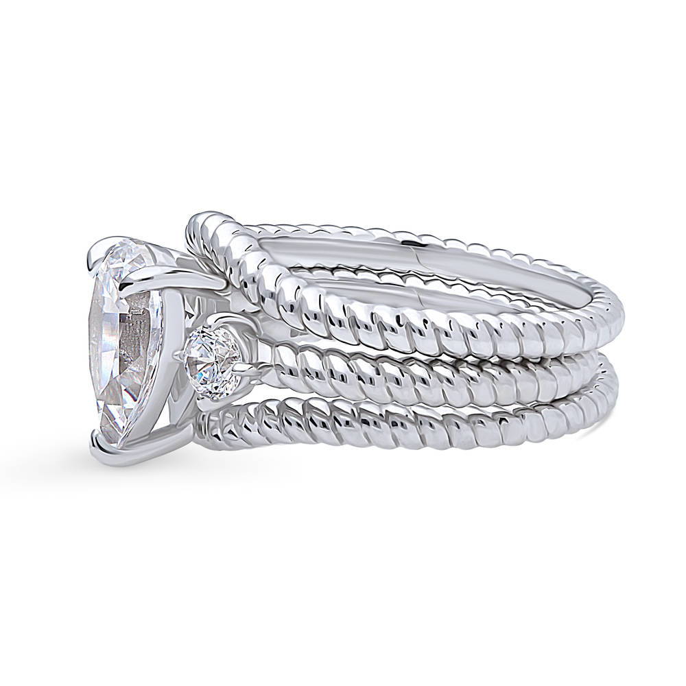 Angle view of 3-Stone Woven Pear CZ Ring Set in Sterling Silver