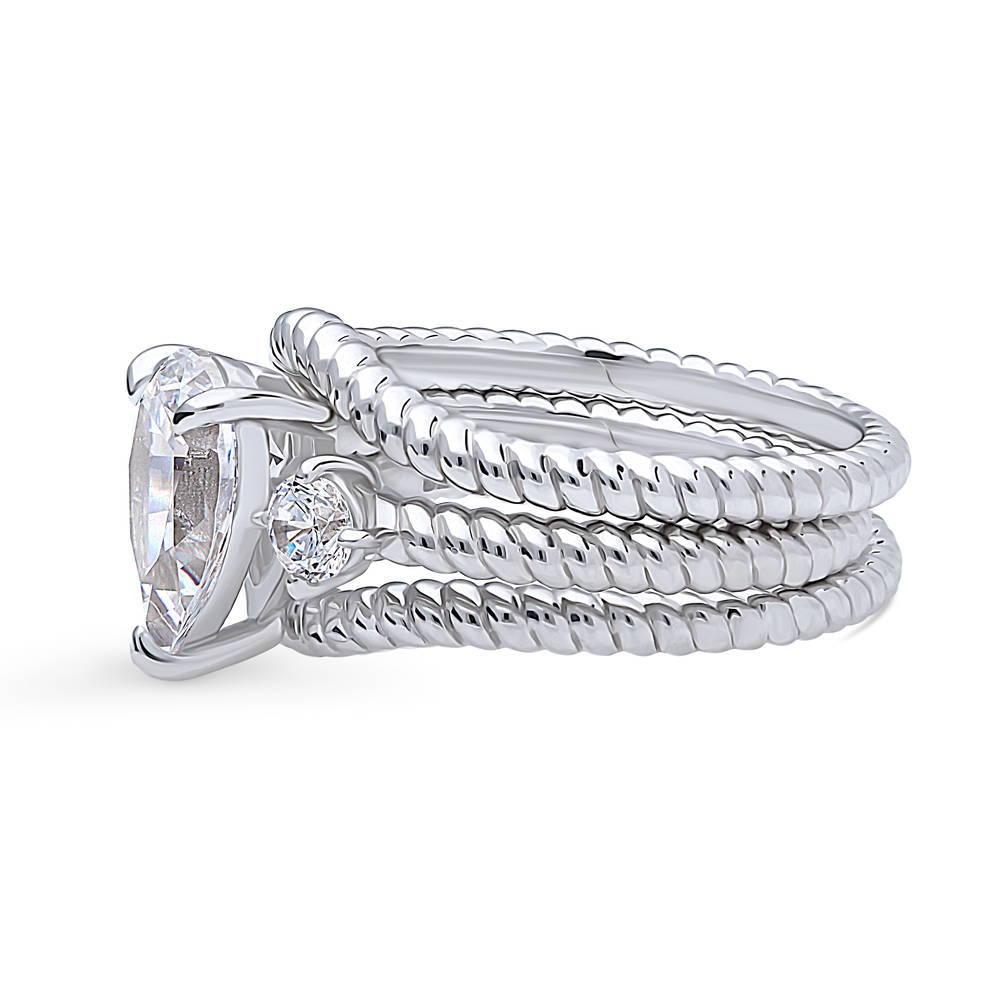 Angle view of 3-Stone Woven Pear CZ Ring Set in Sterling Silver, 5 of 13