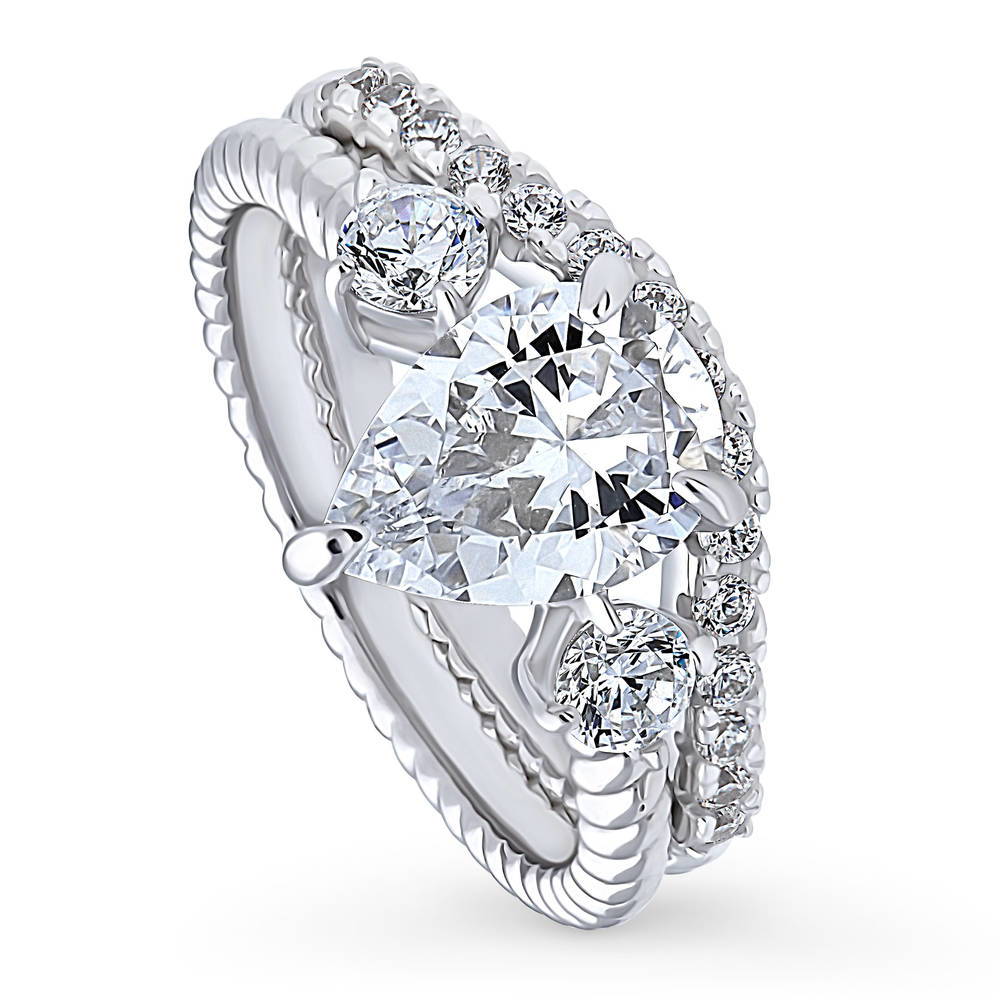 3-Stone Woven Pear CZ Ring Set in Sterling Silver, front view