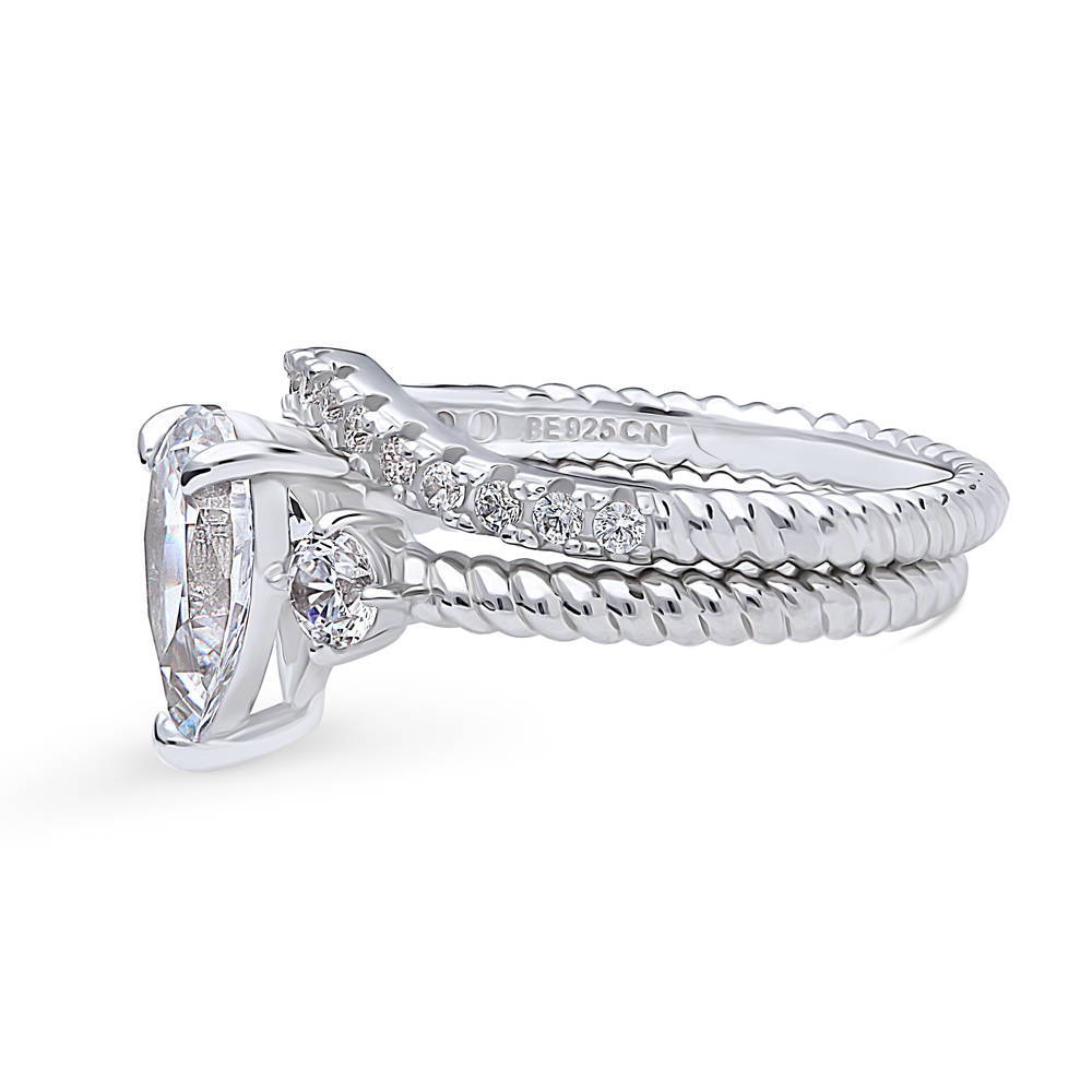 Angle view of 3-Stone Woven Pear CZ Ring Set in Sterling Silver