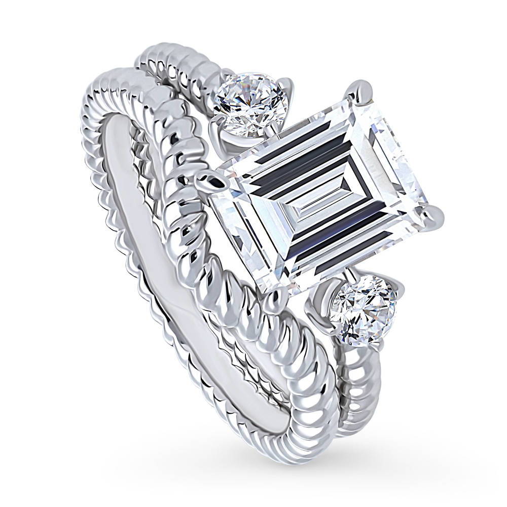Front view of 3-Stone Chevron Emerald Cut CZ Ring Set in Sterling Silver