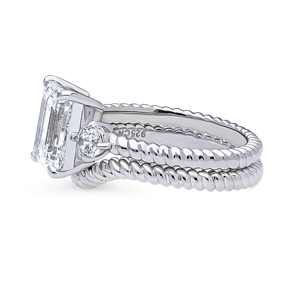 Angle view of 3-Stone Chevron Emerald Cut CZ Ring Set in Sterling Silver