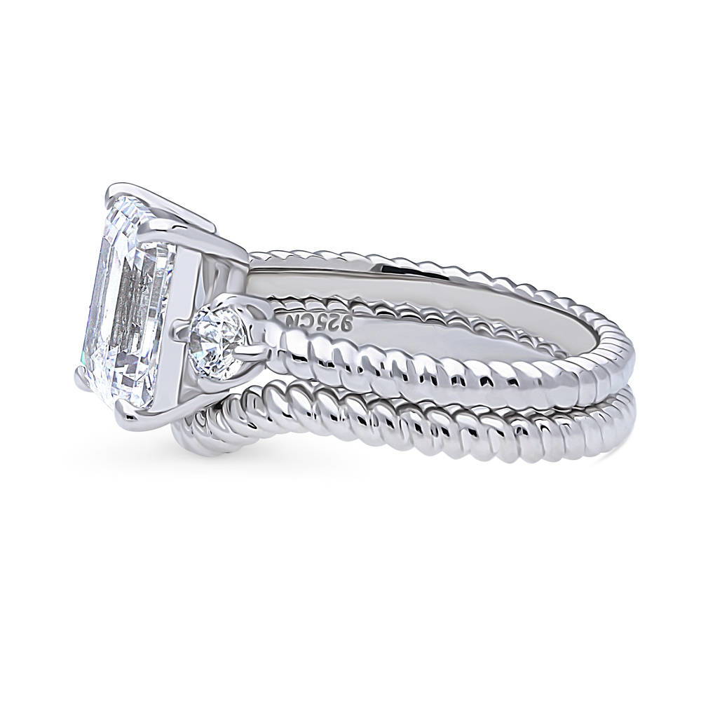 Angle view of 3-Stone Chevron Emerald Cut CZ Ring Set in Sterling Silver, 5 of 17