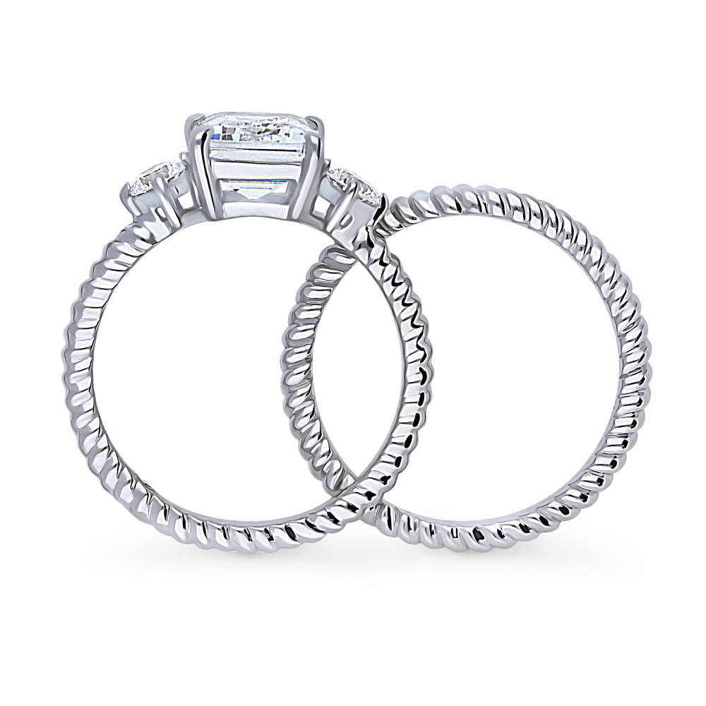 Alternate view of 3-Stone Chevron Emerald Cut CZ Ring Set in Sterling Silver