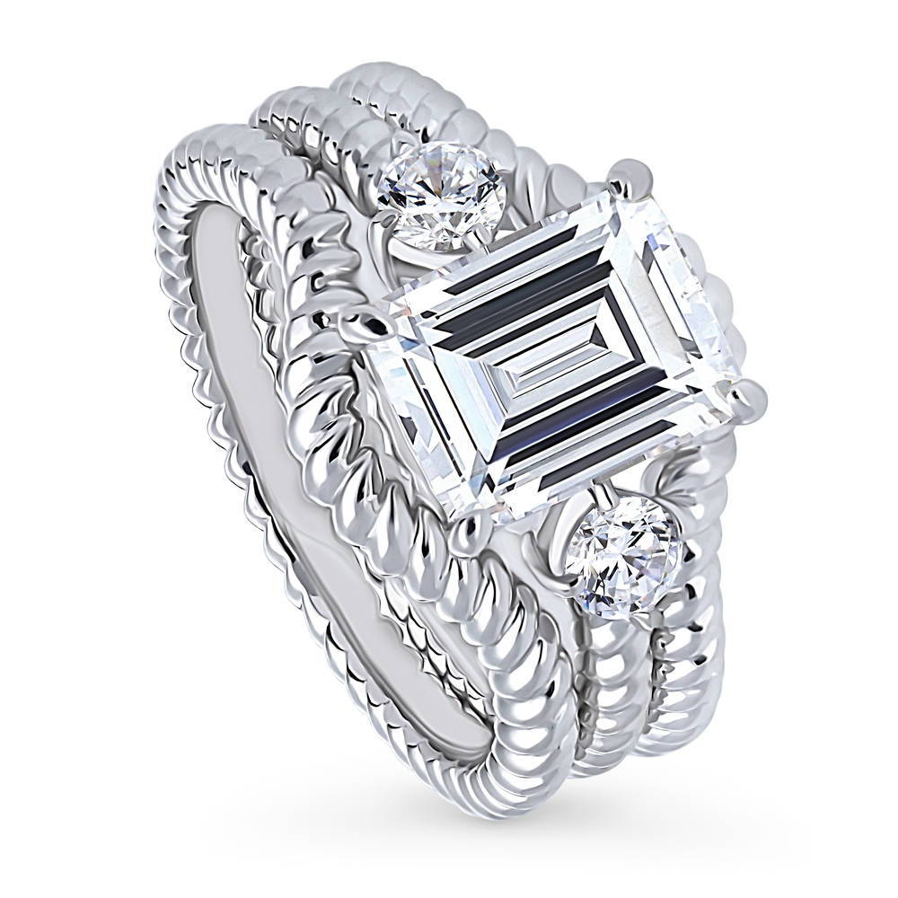 Front view of 3-Stone Chevron Emerald Cut CZ Ring Set in Sterling Silver